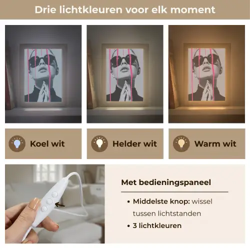 Portret - Vrouw - Zonnebril - Verfdruppels Light Box met kabel (Tafellamp) klein -USP_lichtkleurNL