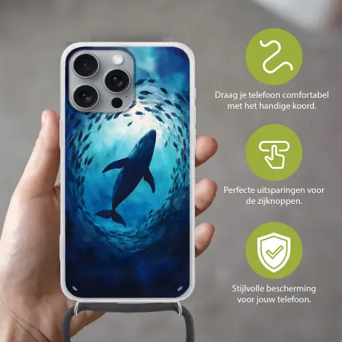 Walvis - Vissen - Donkerblauw Hoesje iPhone 16 Pro Max met koord klein -sfeer2_NL