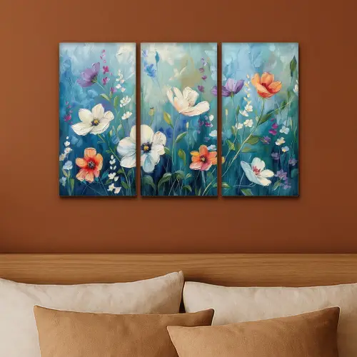 Bloemen - Kleurrijk - Blauw - Natuur Canvas - Meerluiken 3 luik klein -sfeer2