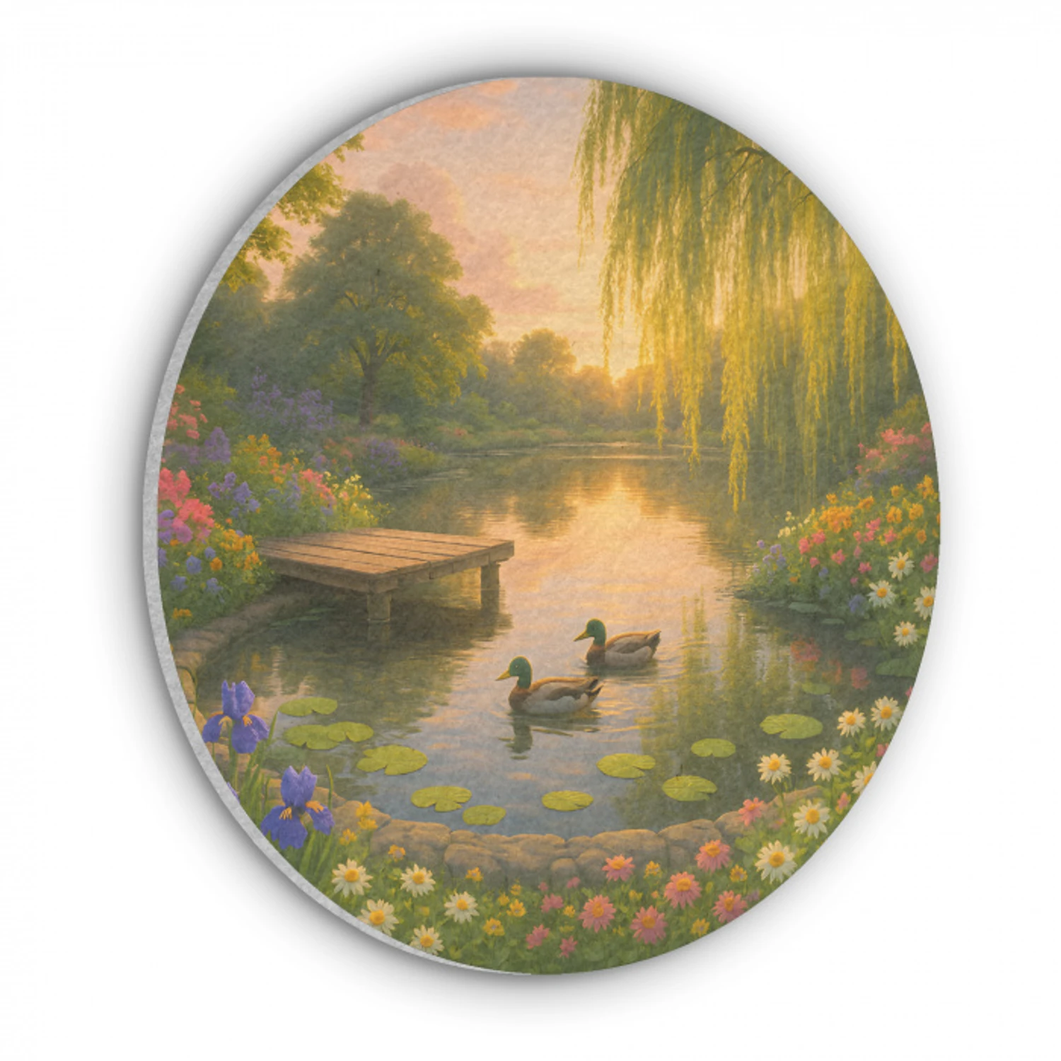 Eenden - Vijver - Bloemen Akoestische PET Vilt - Rond klein -3d