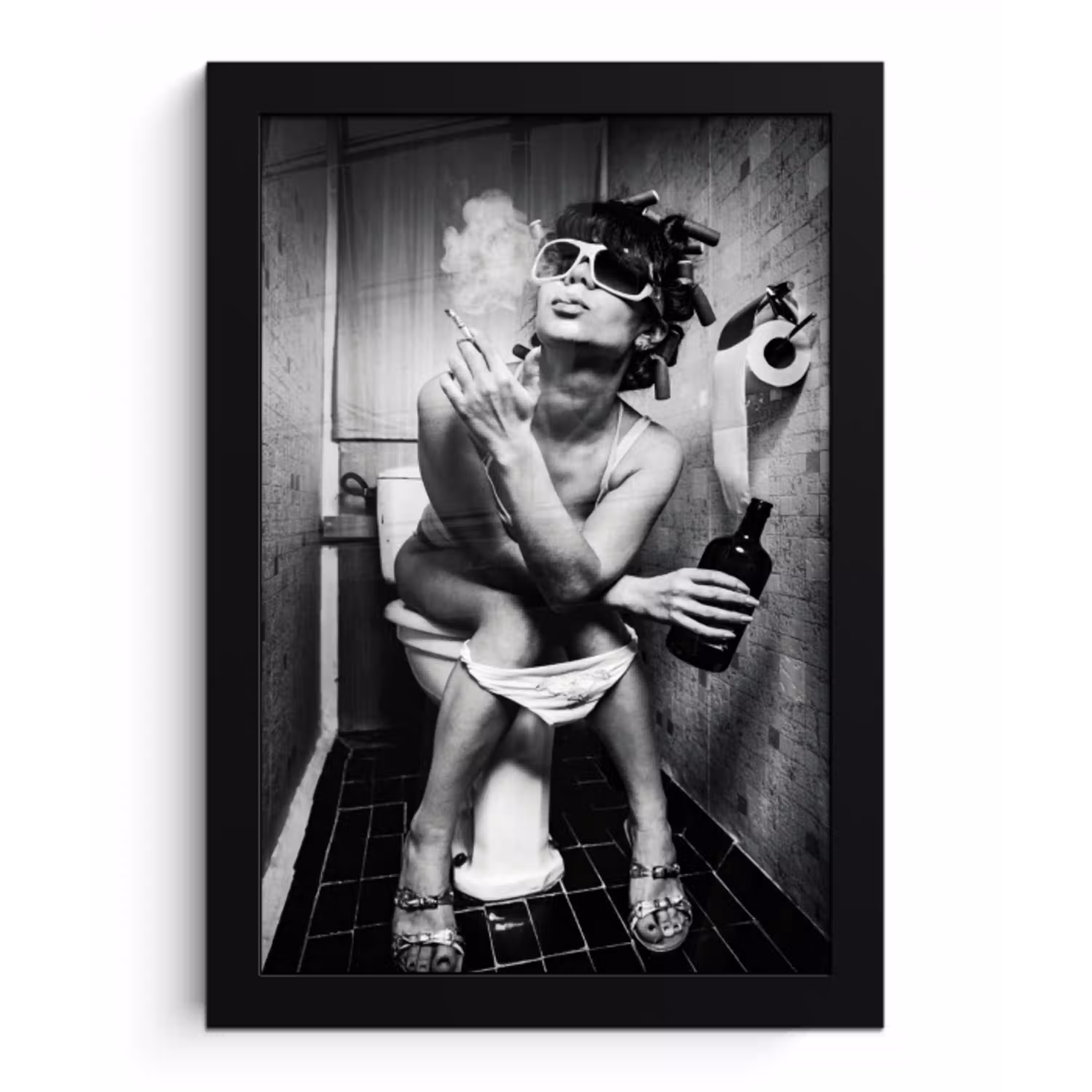 Vrouw - Vintage - Krulspelden - Toilet - Sigaret fotolijst zwart zonder passe partout klein -3d