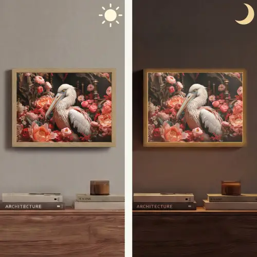 Pelikaan - Dier - Bloemen - Natuur - Botanisch - Roze Light Box met batterij (Wandlamp) middel -sfeer3