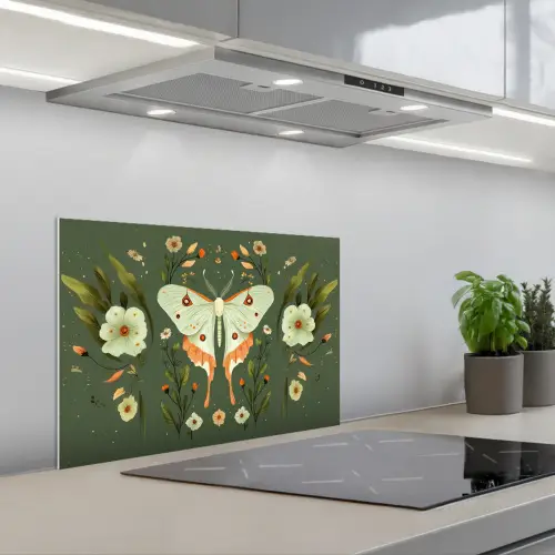 Bloemen - Bladeren - Olijfgroen - Vlinder keuken achterwand spatscherm klein -3d_schuin