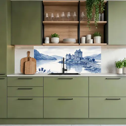 Schots - Kasteel - Blauw - Aquarel keuken achterwand 2 middel -sfeer3