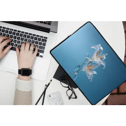 Lelies - Blauw - Glazen laptophoes neopreen klein -bureau