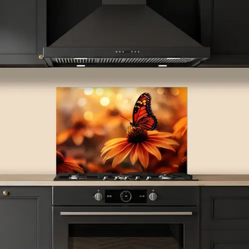 Vlinder - Bloemen - Oranje keuken achterwand spatscherm klein -sfeer1