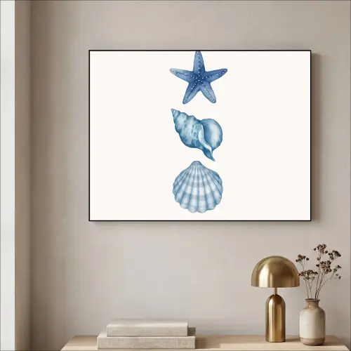 Zeester - Schelpen - Blauw Textielframe zwart klein -sfeer2