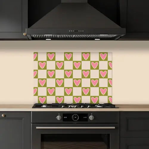 Olijfgroen - Hartjes - Patroon - Retro keuken achterwand spatscherm klein 900 -sfeer1