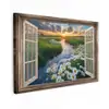 Doorkijk - Landschap - Raam - Water - Zonsondergang Tuinposter op houten frame 2 cm dik klein -3d
