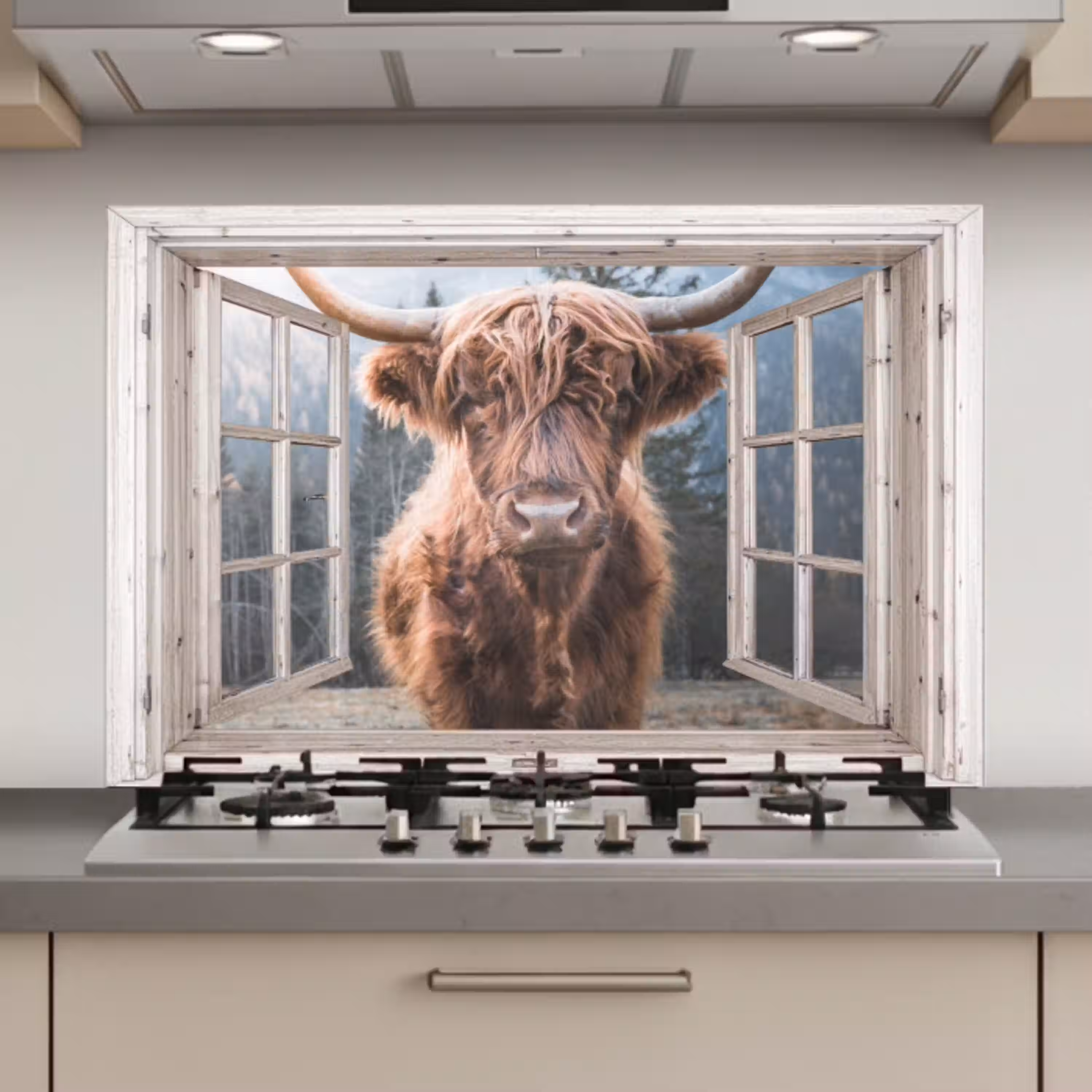 Schotse hooglander - Koe - Berg - Doorkijk keuken achterwand spatscherm klein -3d_website
