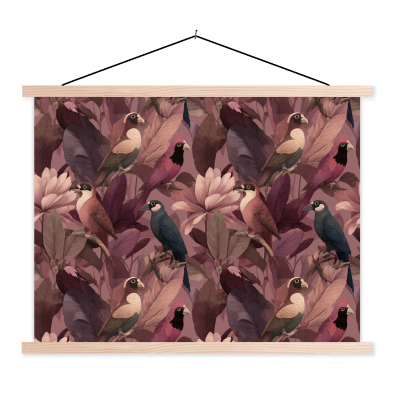 Vogels - Bladeren - Roze textielposter latten blank klein 122 -3d