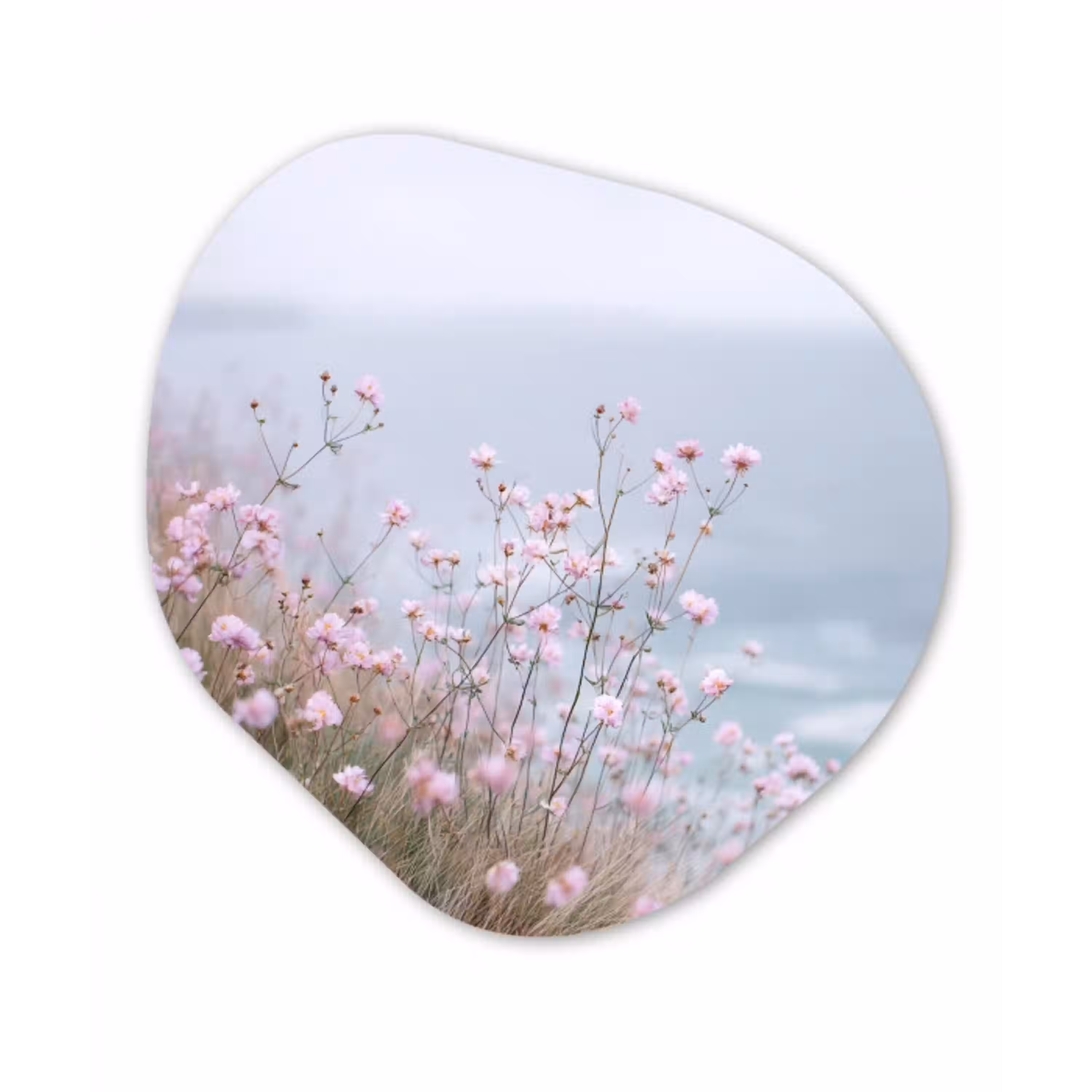 Klif - Bloemen - Zee - Roze Wandcirkel Organisch Plexiglas middel -3d