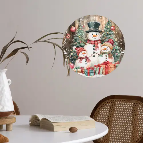 Sneeuwpop - Familie - Kleurrijk Wandcirkel behangsticker klein -sfeer3