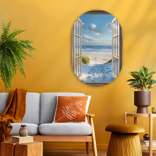 Doorkijk - Strand - Raam - Duinen - Zee Wandcirkel Ovaal Glas middel -sfeer4
