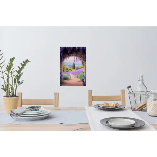 Doorkijk - Lavendel - Bloemen - Paars - Poort Muursticker klein -eettafel