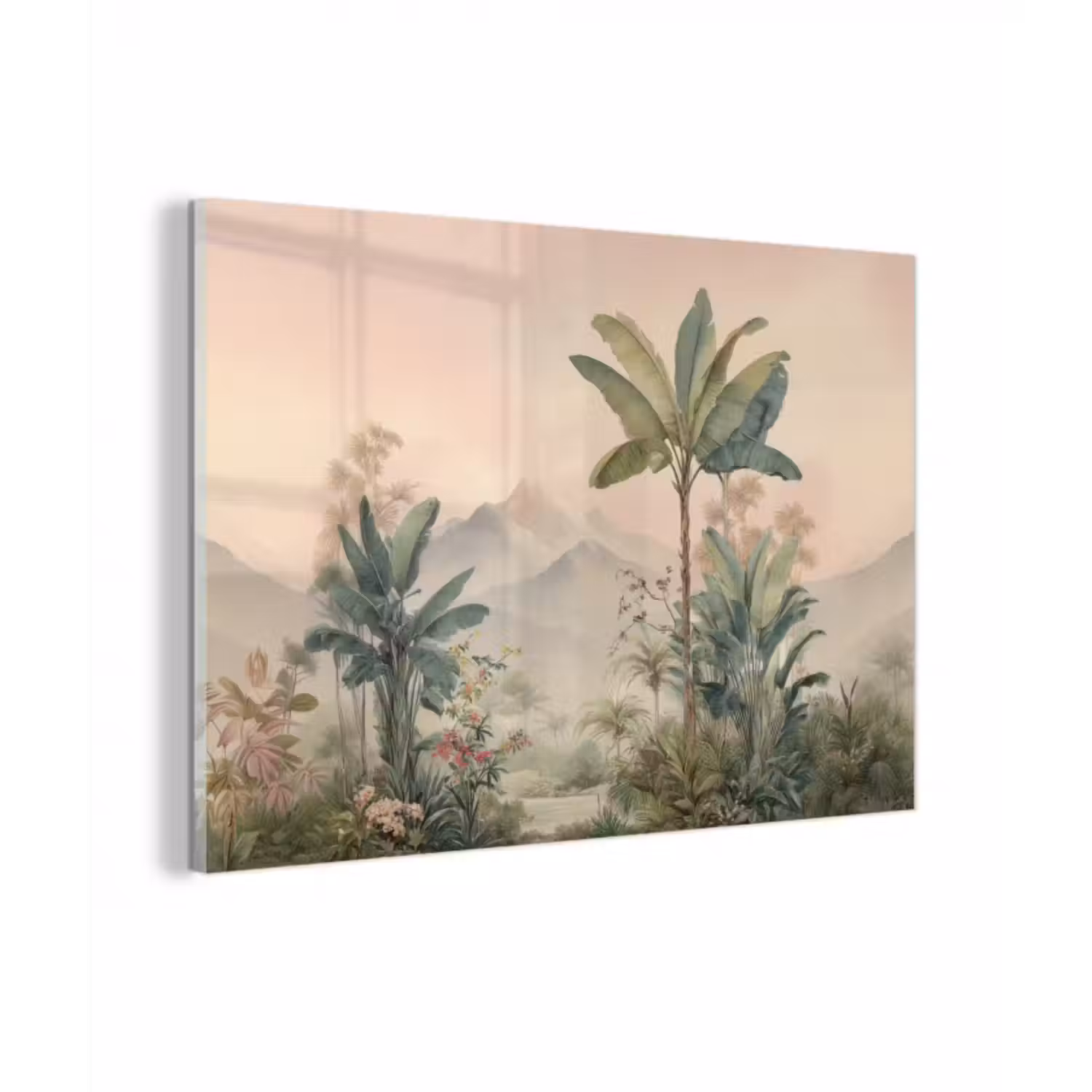Glasbild - Tropische Landschaft - Palmen - Blumen - Rosa Himmel