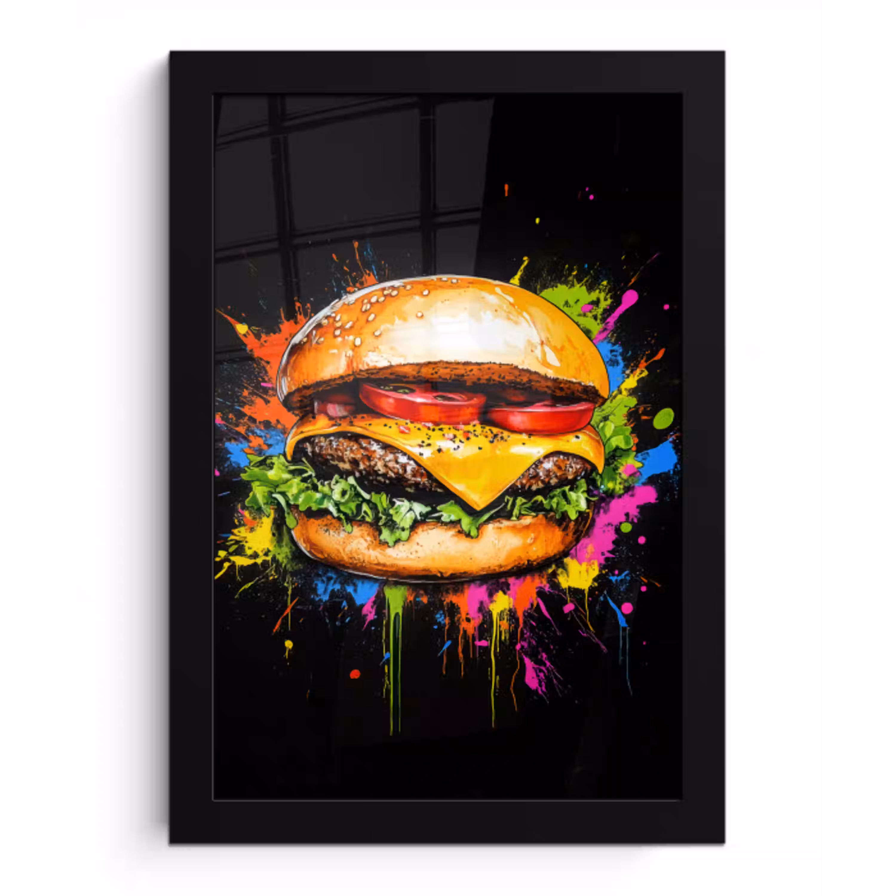 Hamburger - Graffiti - Verf - Kleurrijk - Eten - Abstract fotolijst zwart zonder passe partout klein -3d
