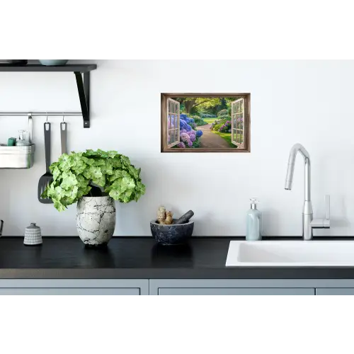 Doorkijk - Tuin - Raam - Hortensia - Bloemen Muursticker klein -keuken