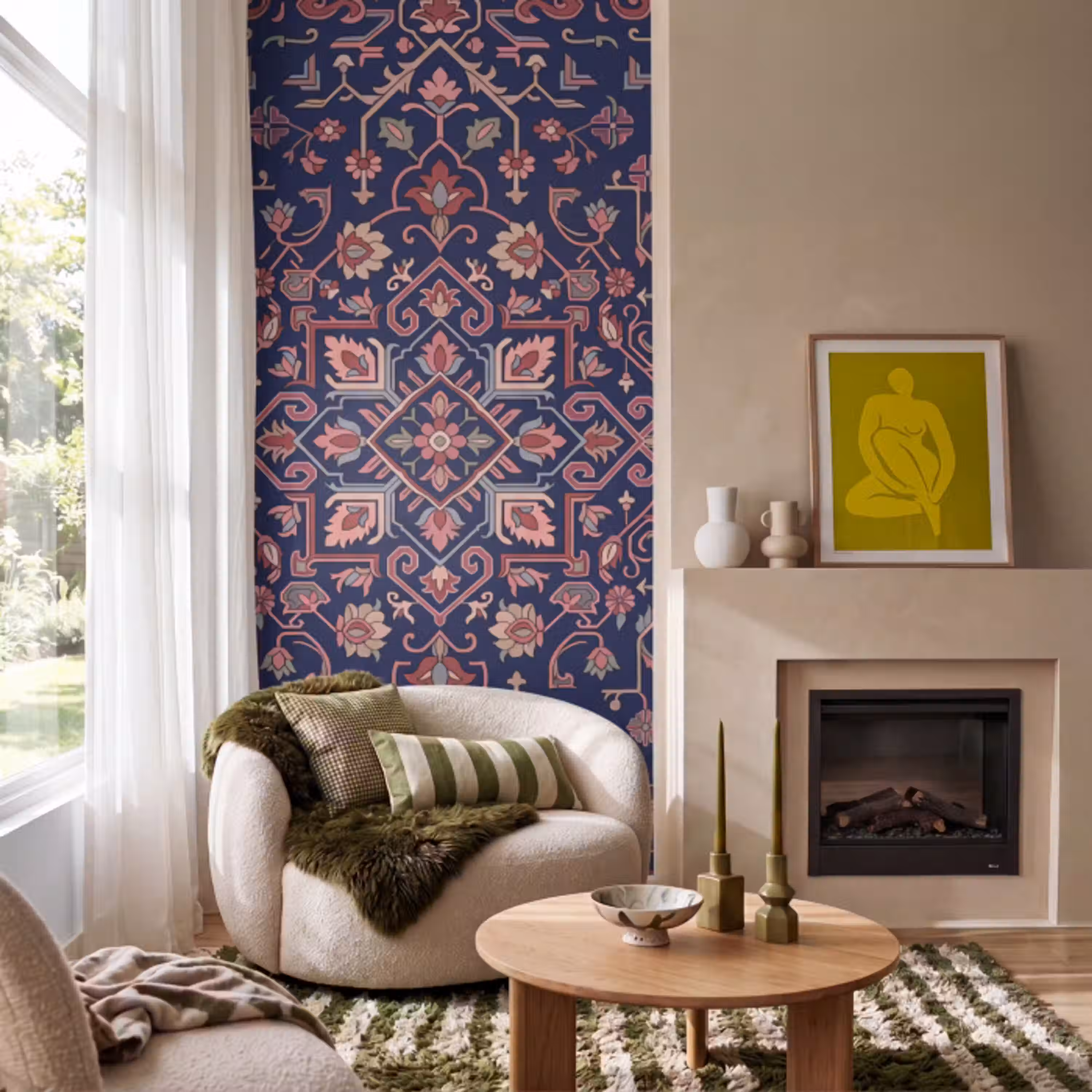 Patroon - Oosters - Floraal - Blauw - Klassiek Behang Vlies klein -sfeer2