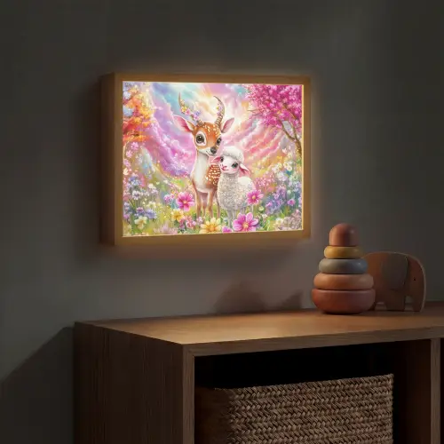 Hertje - Lammetje - Bloemen - Pastel Light Box met batterij (Wandlamp kind) middel -sfeer5_kind