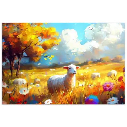 Schaap - Weide - Bloemen poster papier klein -3d