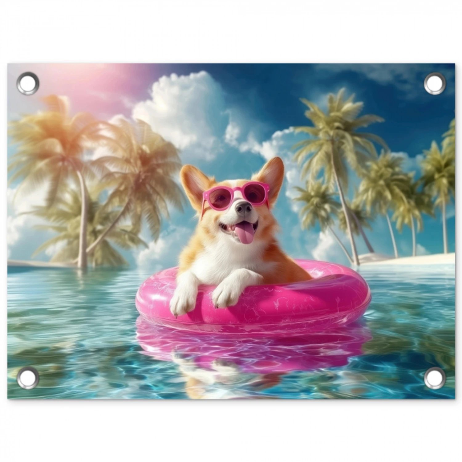 Corgi - Zwemband - Roze - Zonnebril tuinposter los doek klein -3d