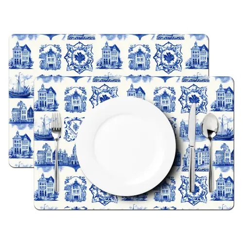 Huizen - Schepen - Blauw Placemat vinyl groot 368 -zzsfeer2_Kitchenyeah-website