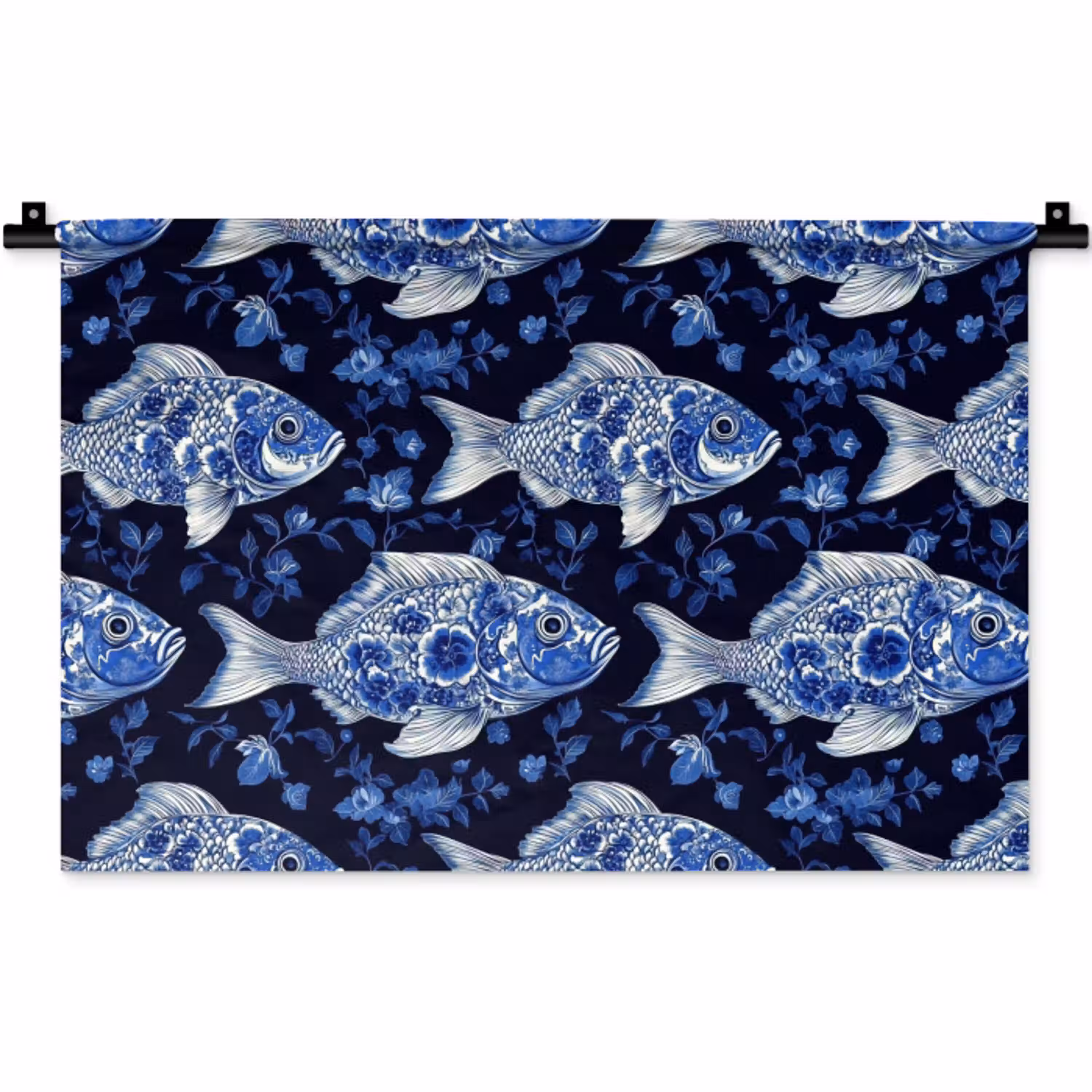 Vissen - Bloemen - Blauw Wandkleed katoen klein 269 -zz3d