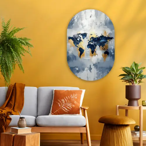 Wereldkaart - Blauw - Abstract Wandcirkel Ovaal Glas middel -sfeer4