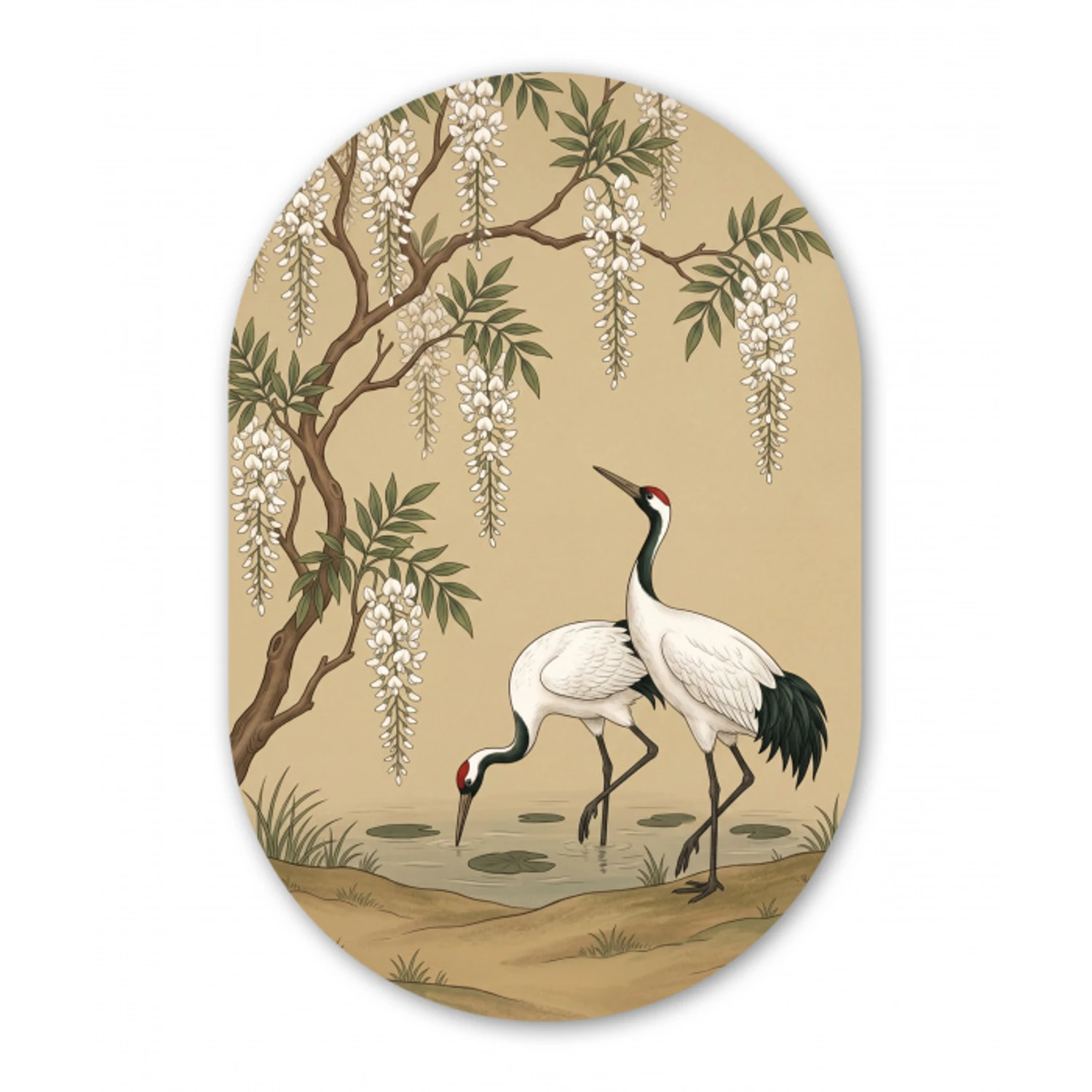 Kraanvogels - Water - Beige Wandcirkel Ovaal Forex klein -3d