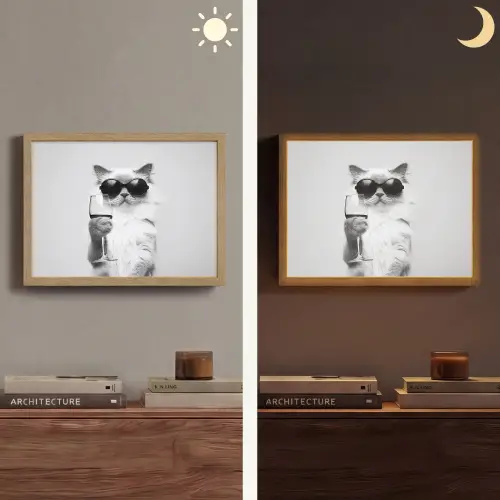 Kat - Zonnebril - Wijnglas - Langharig Light Box met batterij (Wandlamp) middel -sfeer3
