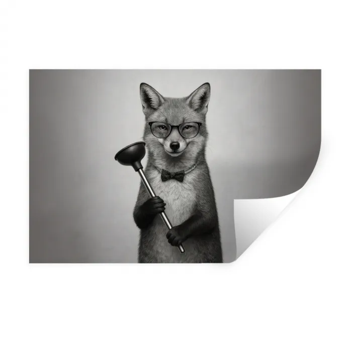 Vos - WC-ontstopper - Zwart - Wit Muursticker klein -3d