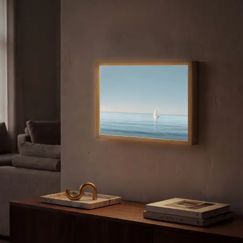 Zeilbootje - Kalme zee - Helderblauwe hemel Light Box met batterij (Wandlamp) middel -sfeer1