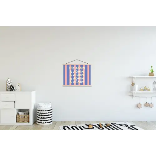 Try again - Strepen - Roze - Verticaal - Blauw textielposter latten blank klein -kinderkamer