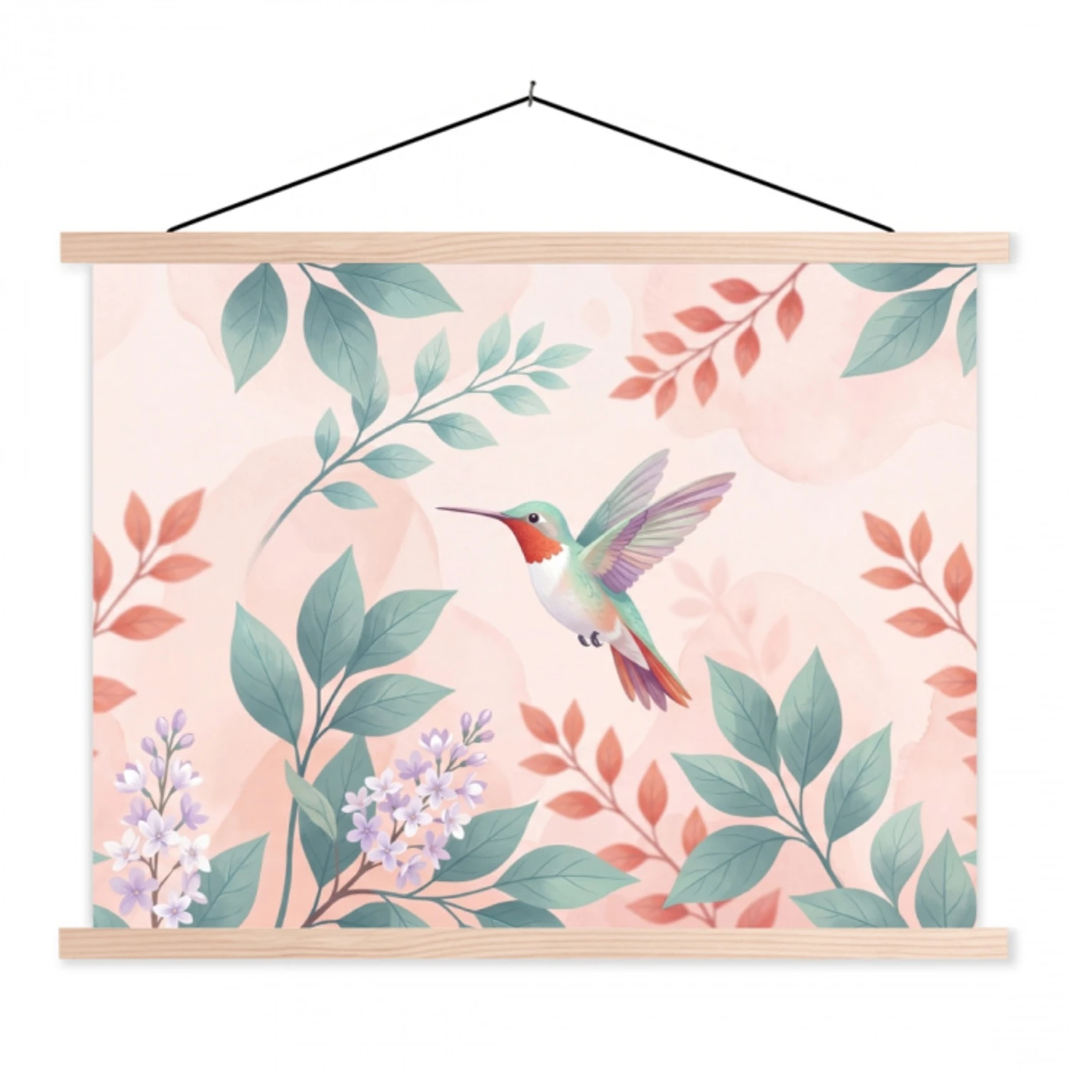 Kolibrie - Vliegen - Natuur - Illustratie - Kleurrijk textielposter latten blank klein -3d