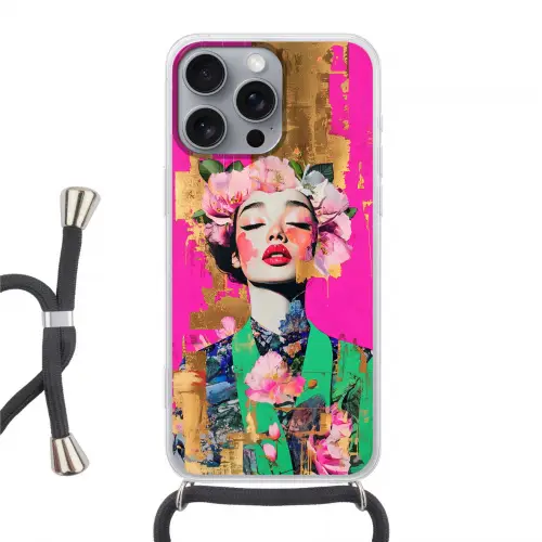 Bloemenkroon - Goud - Vrouw - Portret Hoesje iPhone 16 Pro Max met koord klein -3d