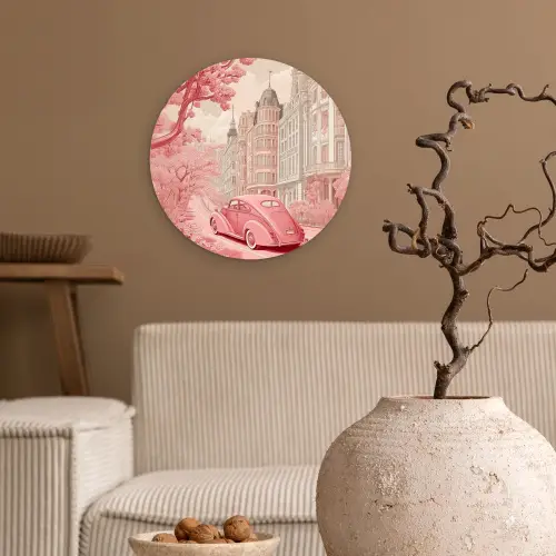 City - Car - Pink Wandcirkel kunststof plaat 5mm dik klein -sfeer1