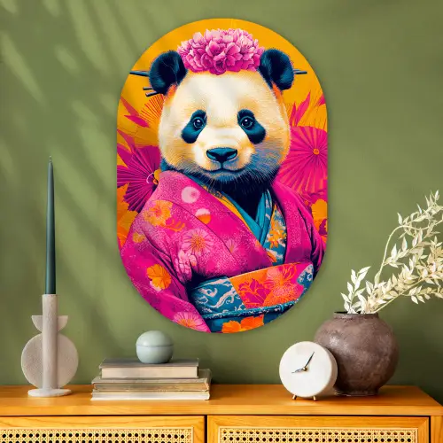 Kimono - Roze - Panda - Bloemenkroon Wandcirkel Ovaal Glas middel -sfeer2