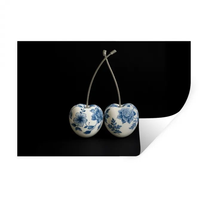 Kersen - Delfts blauw - Fruit Muursticker klein -3d