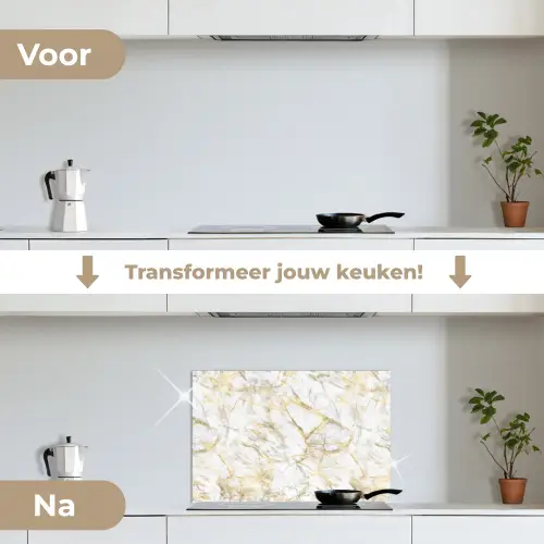 Marmer - Wit - Expressief - Goudaccenten keuken achterwand spatscherm klein 900 -voor_na_NL