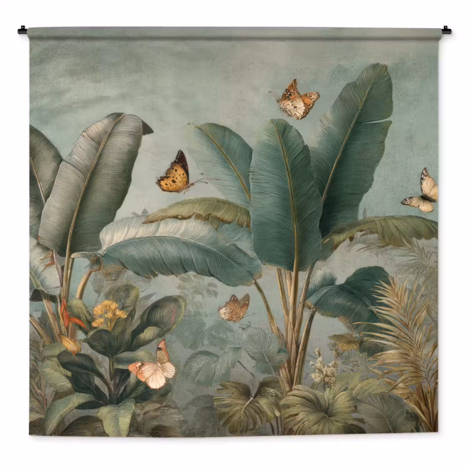 Wandkleed - Tropisch bladerdek - Vlinders - groen - Bruin