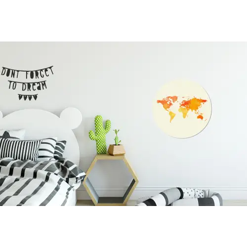Wereldkaart - Oranje - Kleurrijk Wandcirkel aluminium klein -kinderkamer