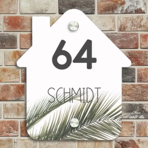 Wit met palmblad - Modern Naambord Huisje klein -sfeer6