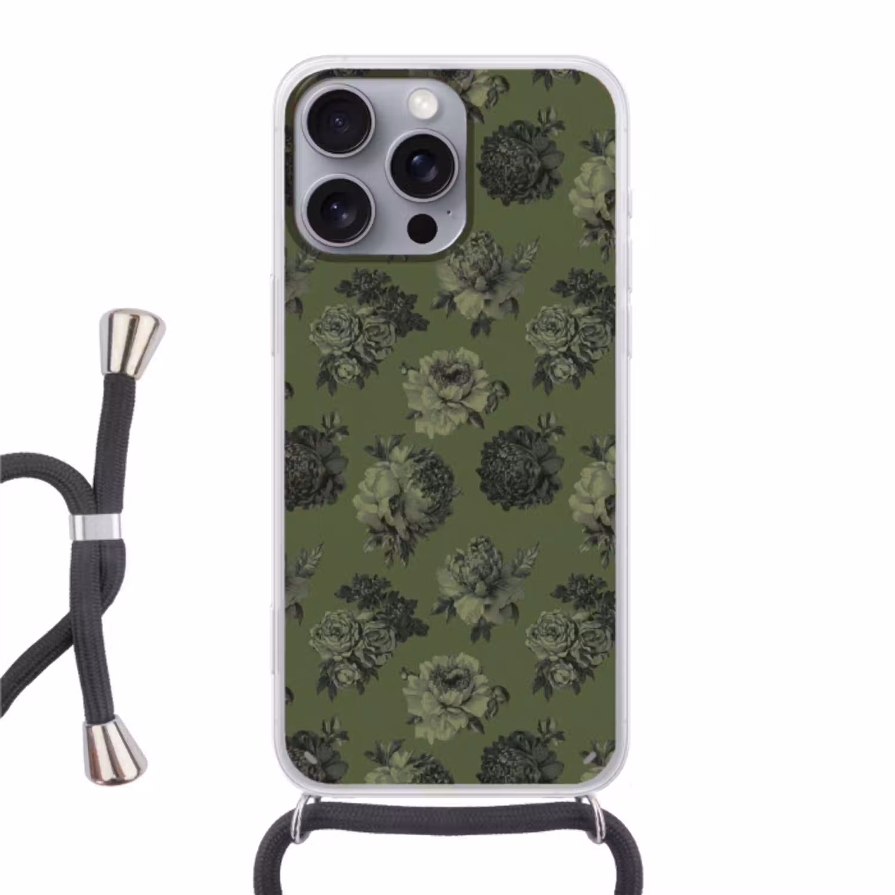 Klassiek - botanisch - olijfgroen - bloemen Hoesje iPhone 16 Pro Max met koord klein 804 -3d