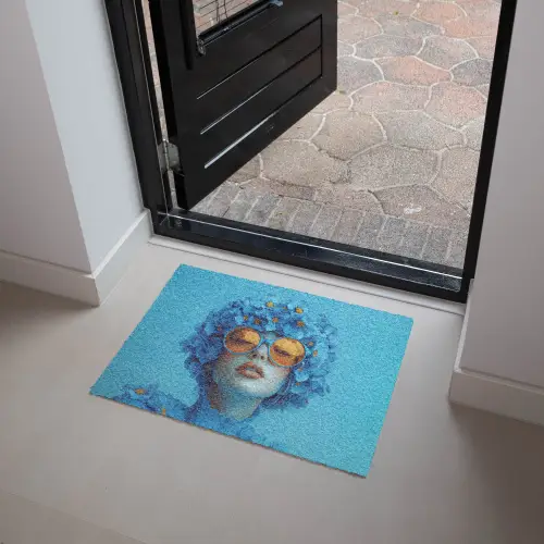 Vrouw - Bloem - Blauw - Modern - Bril - Portret Deurmat klein -sfeer5