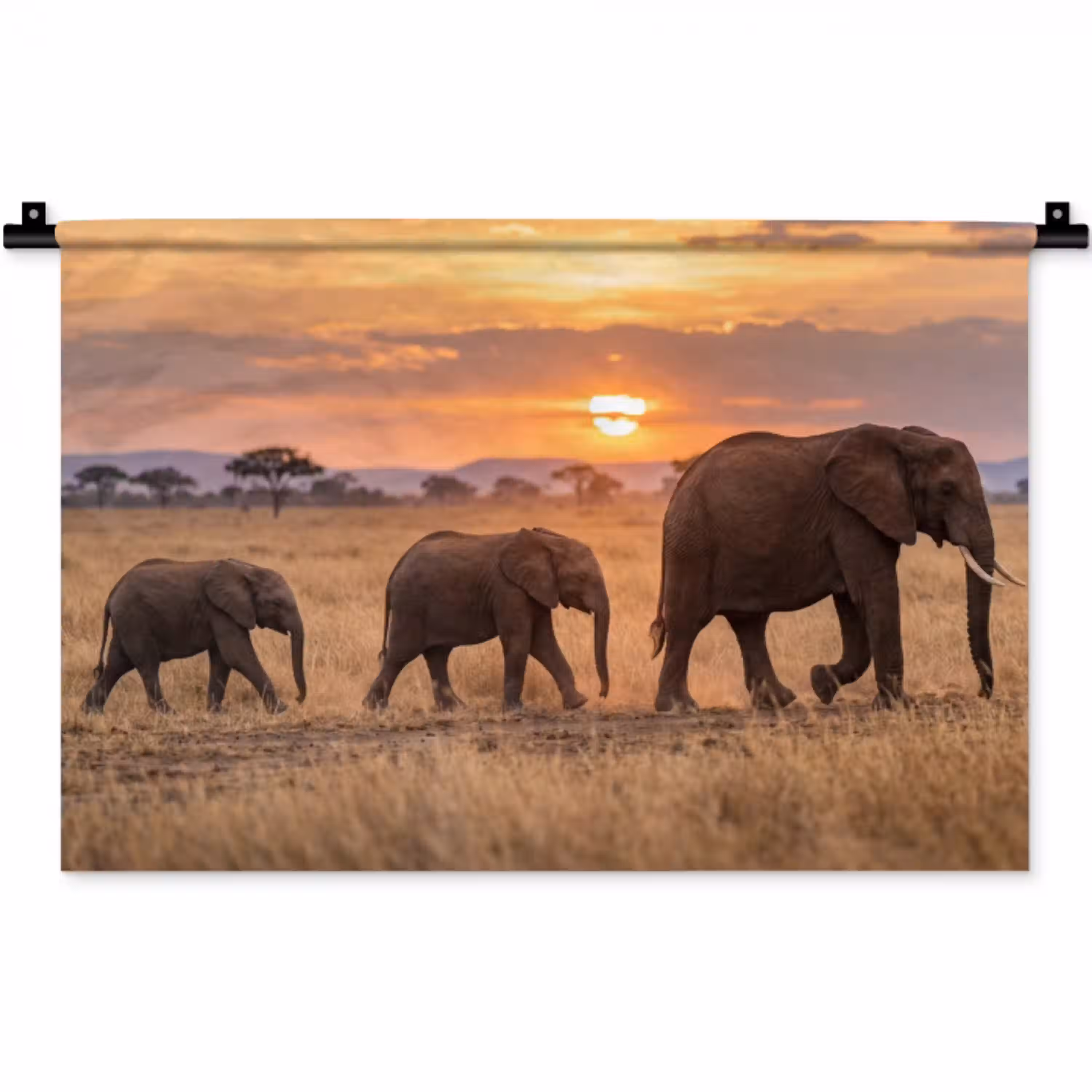 Olifanten - Savanne - Zonsondergang - Afrika - Warm Wandkleed katoen klein -zz3d