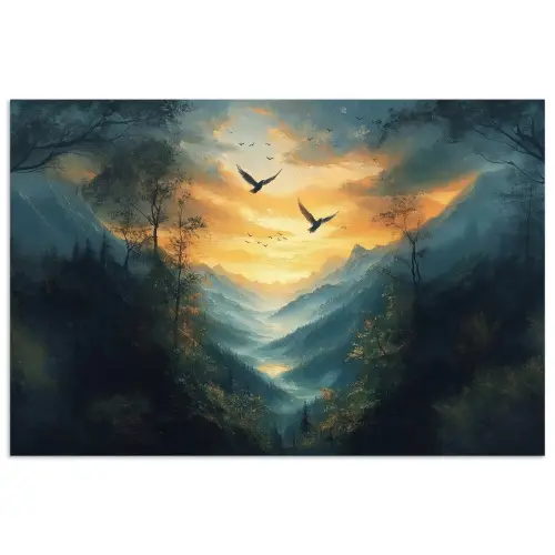Vogels - Zon - Bomen - Groen poster papier klein -3d