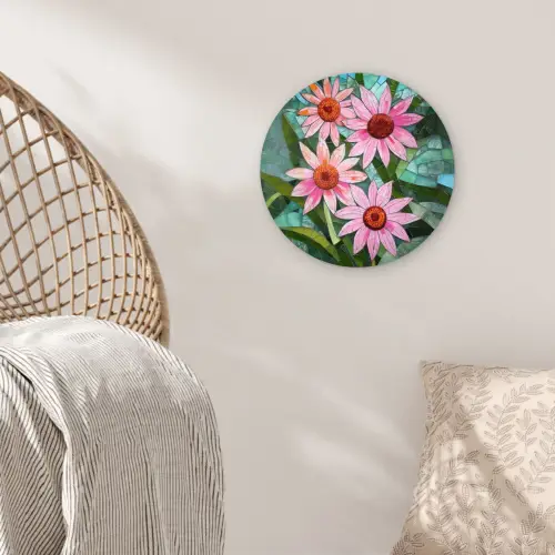 Bloemen - Roze - Glasmozaïek Wandcirkel kunststof plaat 5mm dik klein -sfeer5