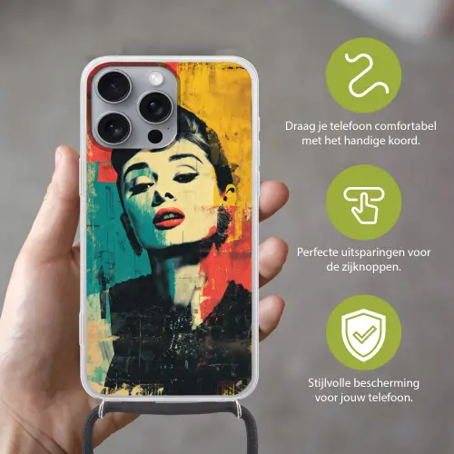 Vrouw - Rode lippen - Expressief - Grafisch Hoesje iPhone 16 Pro Max met koord klein -sfeer2_NL