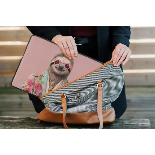 Luiaard - Bloemenprint - Bril - Roze laptophoes neopreen klein -tas